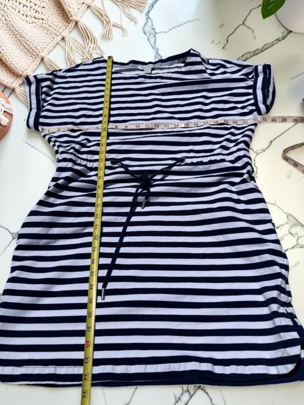 Tommy Bahama Amira Stripe Drawstring Dress Size XL Pockets Navy White Boat Neck - Picture 9 of 10